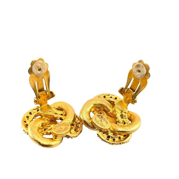 Roxanne Assoulin 1980s Designer Vintage Clip-On Earrings Gold Black Enamel Rhine - Picture 3 of 8